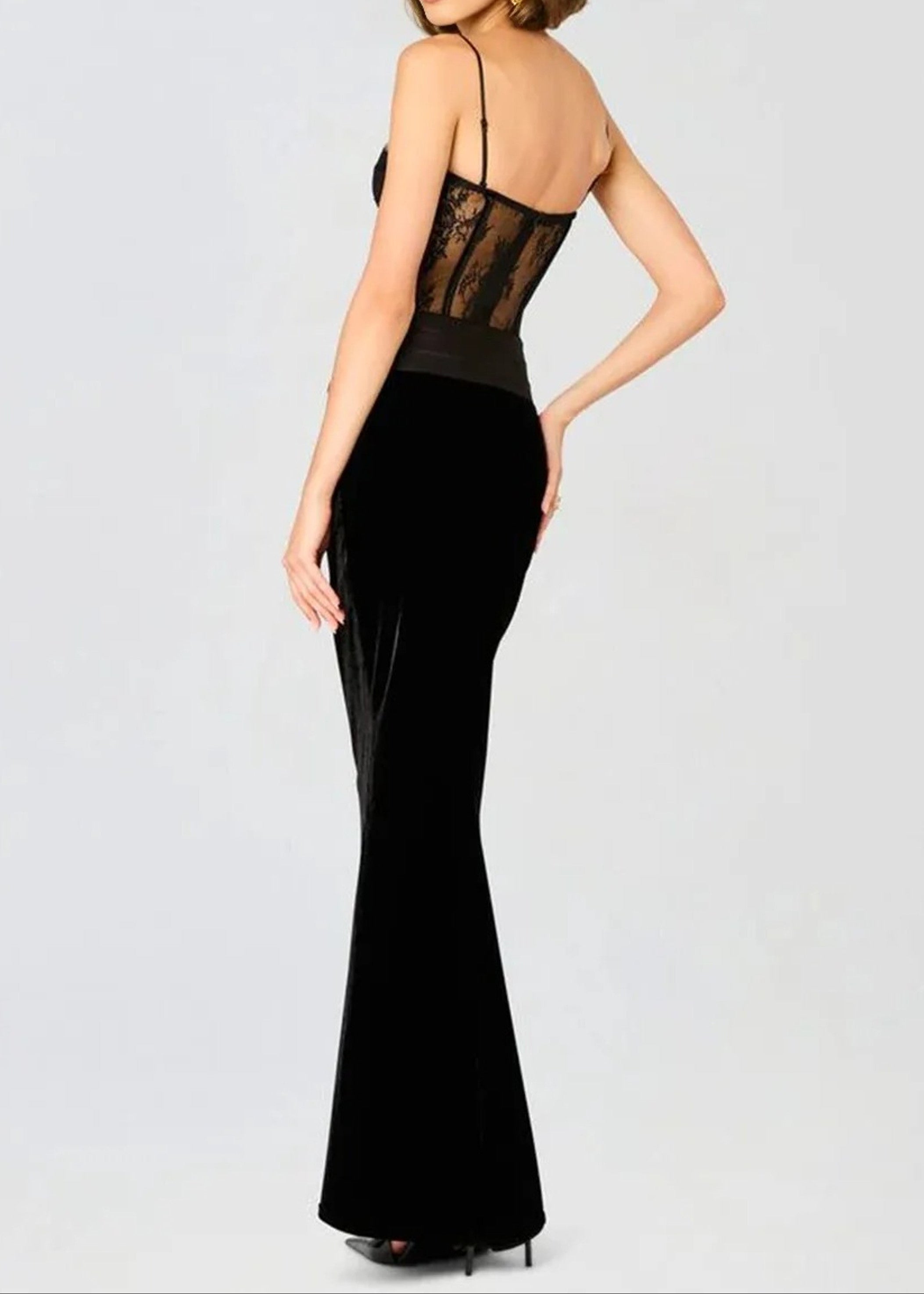 Mariela Lace Corset Maxi Velvet Dress In Black
