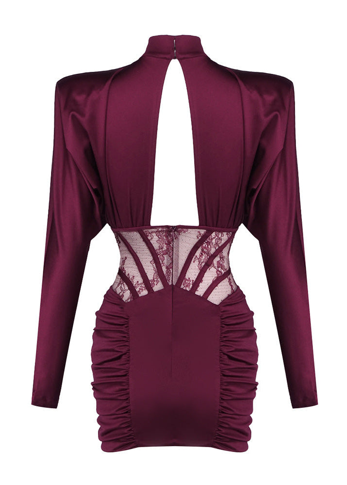 Geotra Long Sleeve Lace Corset Mini Dress In Burgundy