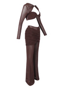 Monroe Long Sleeve Draped Two Piece Jumpsuit In Brown