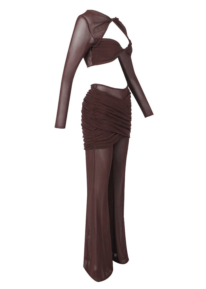 Monroe Long Sleeve Draped Two Piece Jumpsuit In Brown