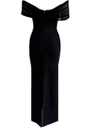 Thalyss Draped Bardot Crystal Maxi Dress In Black