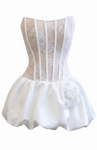 Poseidon Strapless Floral Lace Corset Puff Mini Dress In White