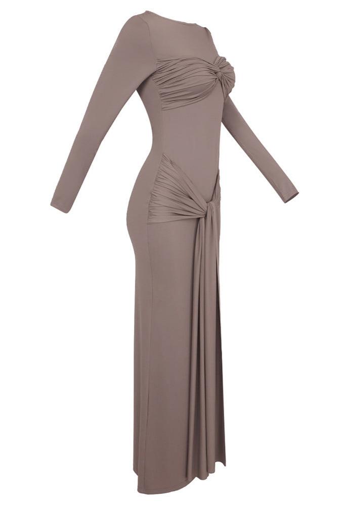 Simran Round Neck Ribbon Knot Maxi Dress In Coffee