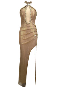 Olvara Halter Crystal Sparkly Maxi Dress In Gold