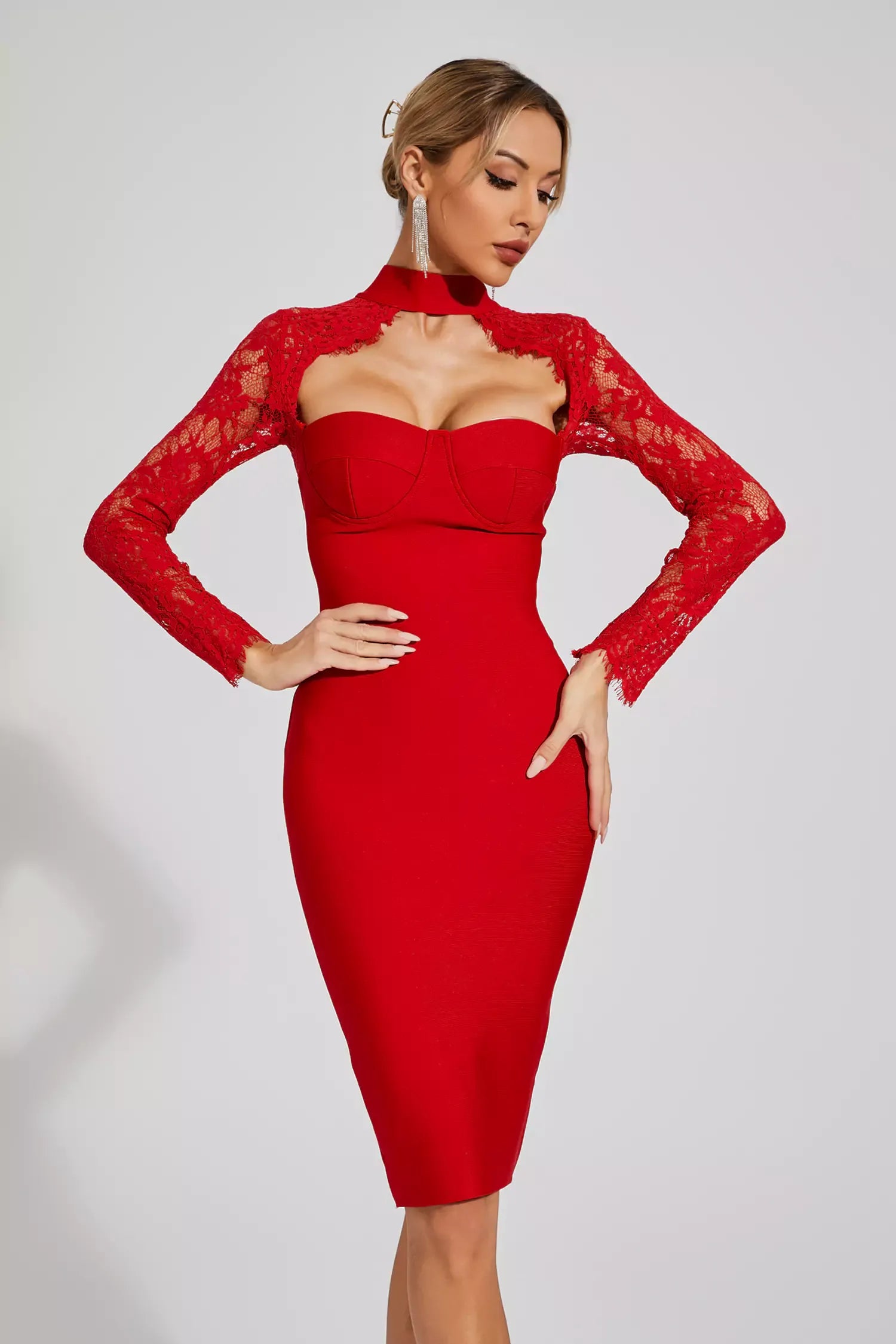 Kawko Lace Sleeve Bandage Dress In Red S Kawko Lace Sleeve Bandage Dress In Red S