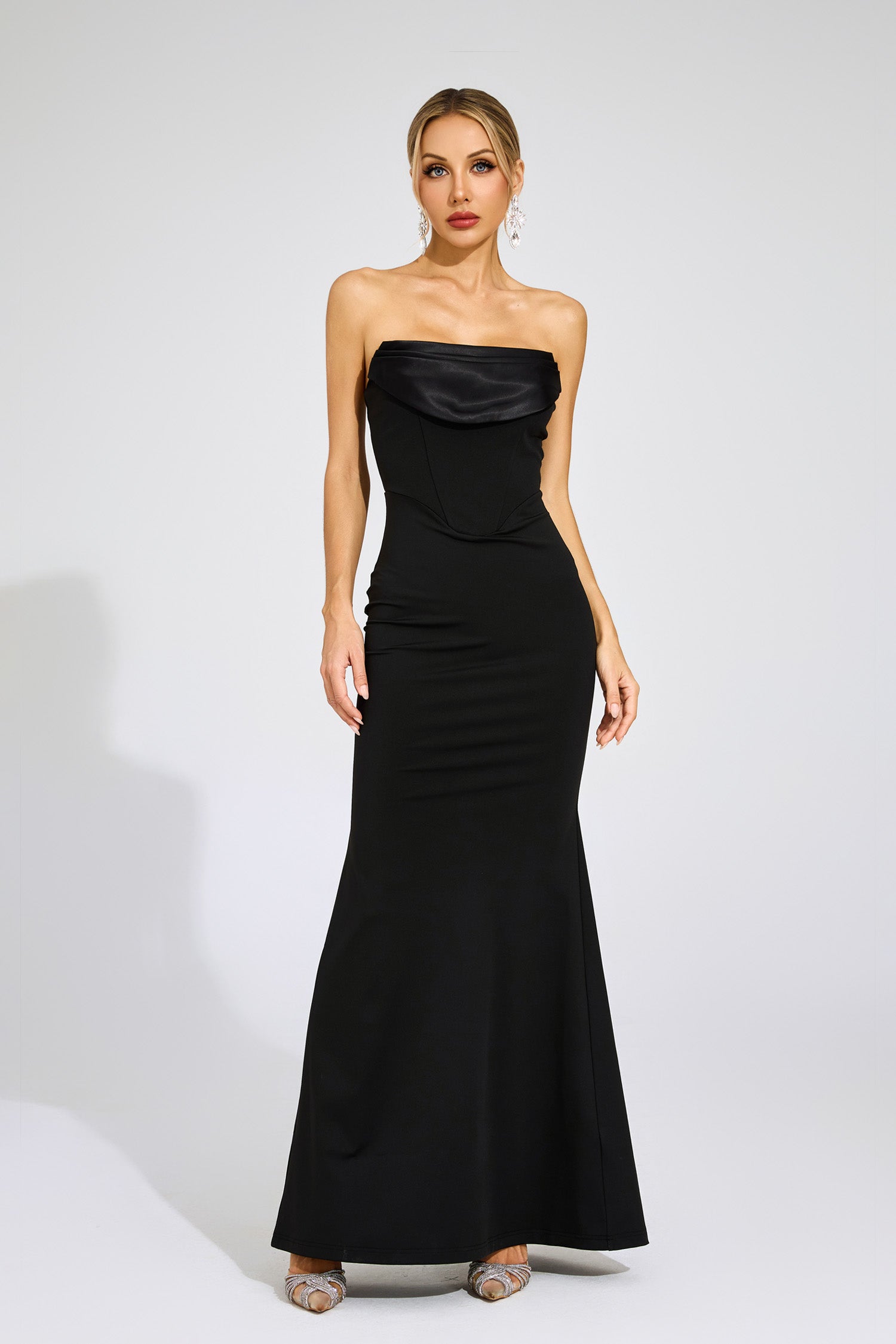 Radka Long Sleeve Strapless Draped Maxi Dress In Black