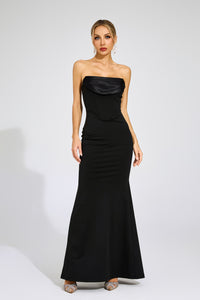 Radka Long Sleeve Strapless Draped Maxi Dress In Black