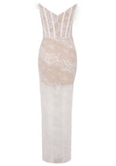 Caysie Strapless Feather Lace Corset Maxi Dress In White