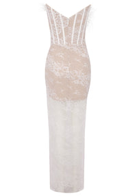 Caysie Strapless Feather Lace Corset Maxi Dress In White