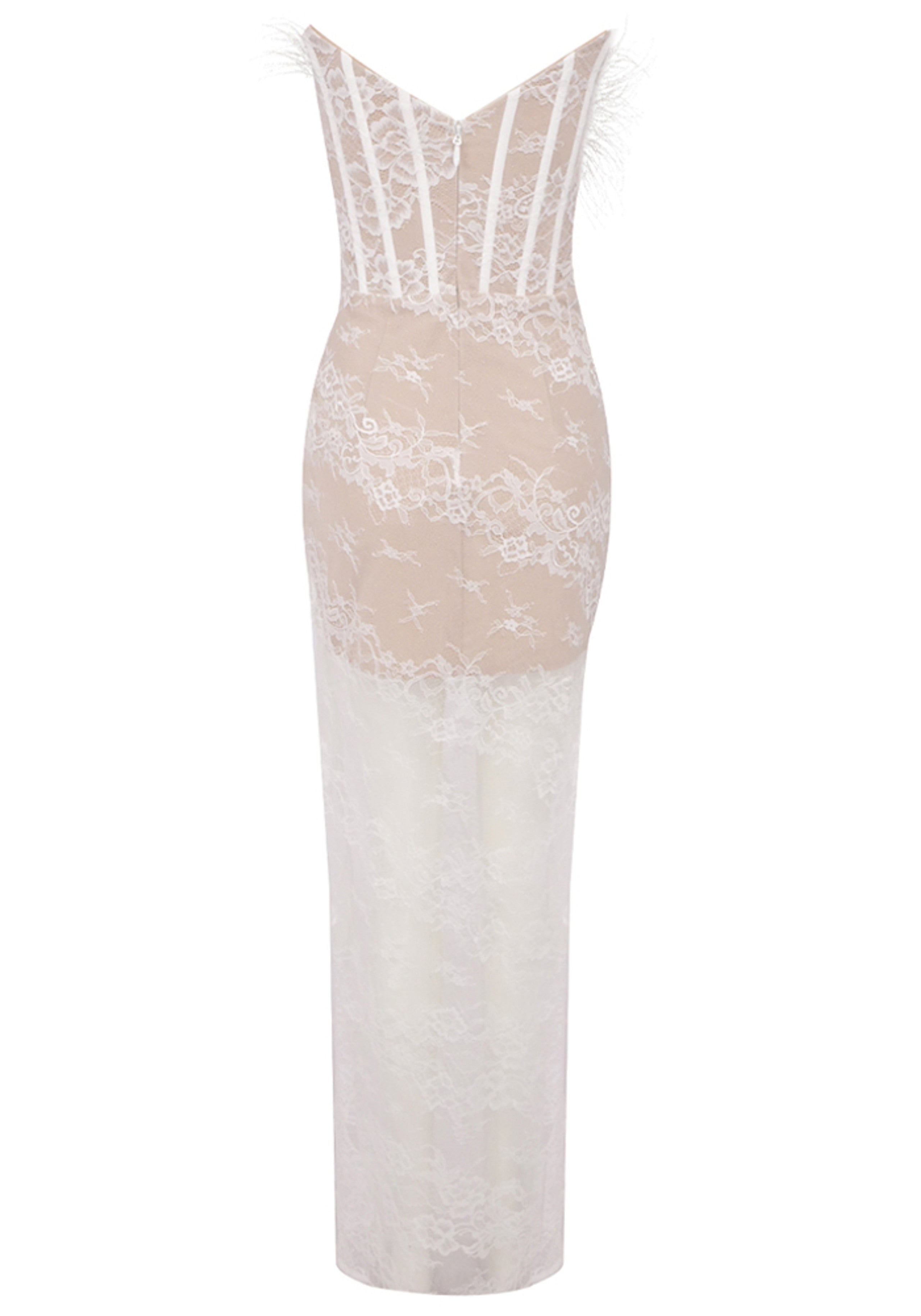 Caysie Strapless Feather Lace Corset Maxi Dress In White