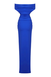 Cupid Slash Neck Pleated Maxi Dress In Blue