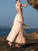 Azhrik Halter Pleated Maxi Dress In Peach Pink