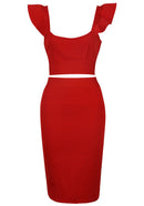 Rawan Ruffle Detail Ribbed Two Piece Midi Dress In Red