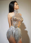 Uexara Halterneck Rhinestone Fringe Skirt Set In Silver