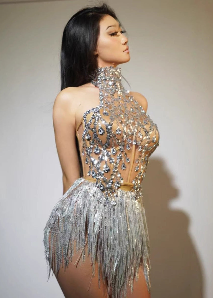 Uexara Halterneck Rhinestone Fringe Skirt Set In Silver