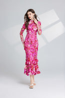 Thalvix Floral Embroidery Mesh Long Sleeve Midi Dress In Rose Red