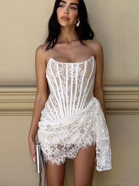 Faruq Strapless Corset Draped Lace Mini Dress In White