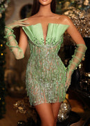 Gryssa Strapless Crystal Sequin Tassel Dress In Green