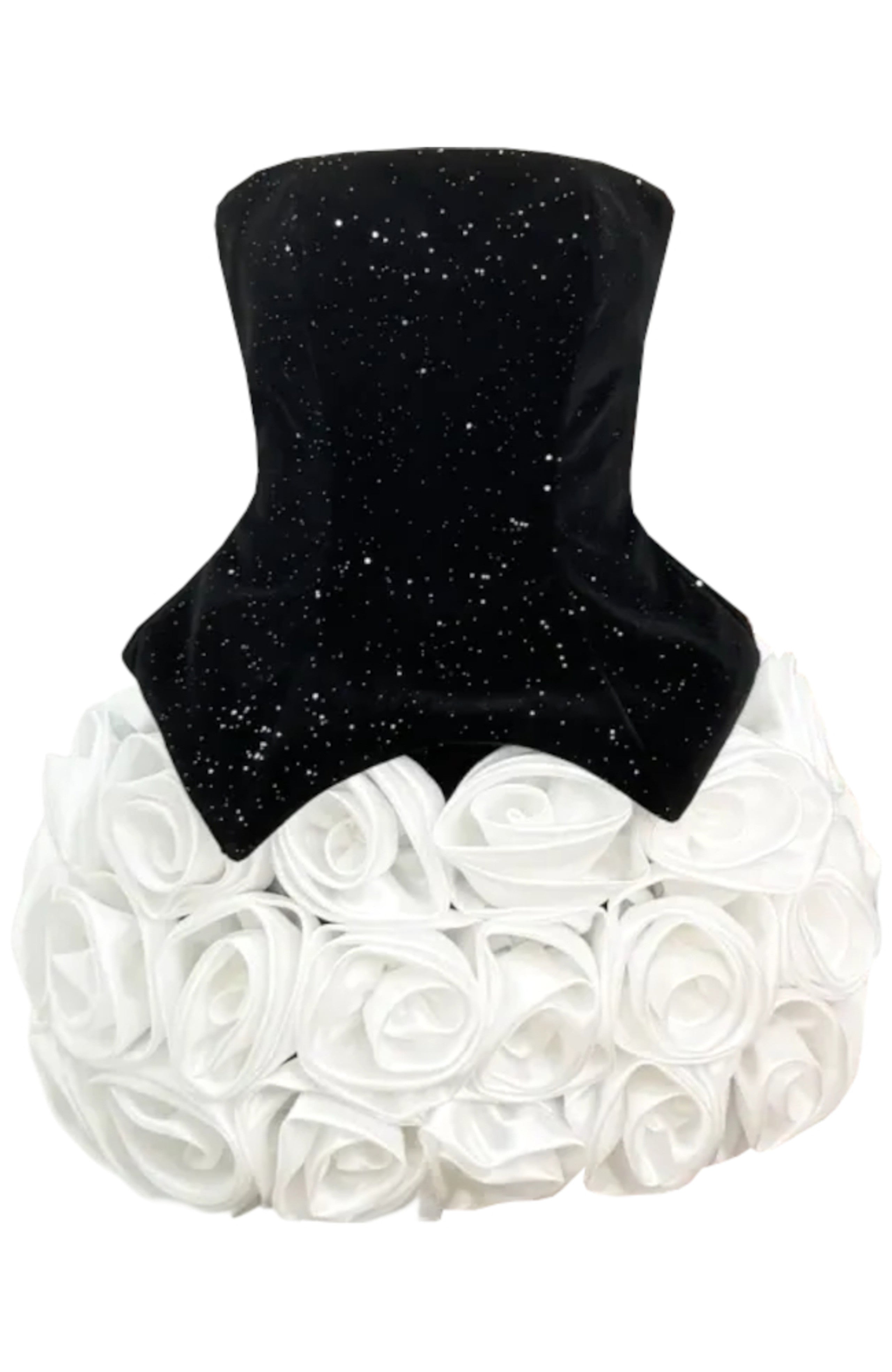 Aindrea Sparkly Strapless Floral Corset Mini Dress In Black White
