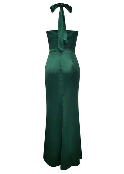 Atarah Halter Slit Satin Mermaid Maxi Dress In Green