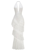 Rohak Halter Ruched Ruffle Maxi Dress In White