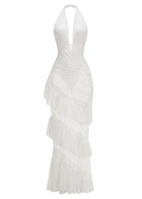 Rohak Halter Ruched Ruffle Maxi Dress In White