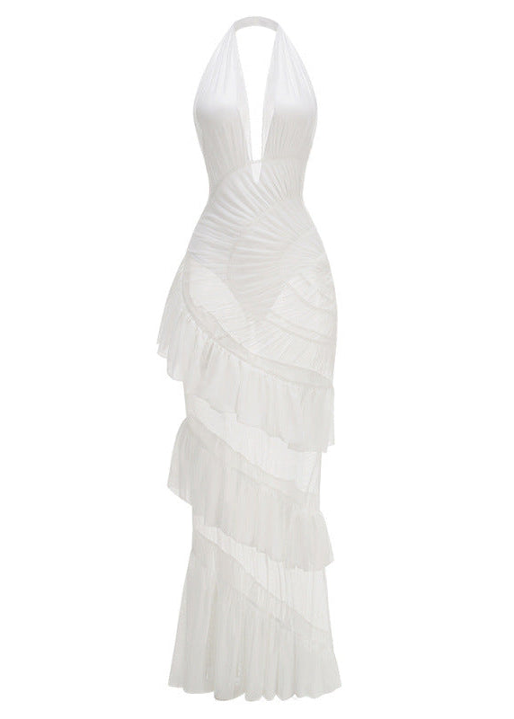 Rohak Halter Ruched Ruffle Maxi Dress In White