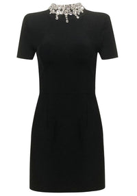 Kaleen Short Sleeve Crystal Neck Mini Dress In Black
