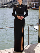 Gyron Long Sleeve Embellished Neck Maxi Dress In Black