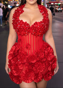 Pryssa Halter Crystal Floral Mini Dress In Red