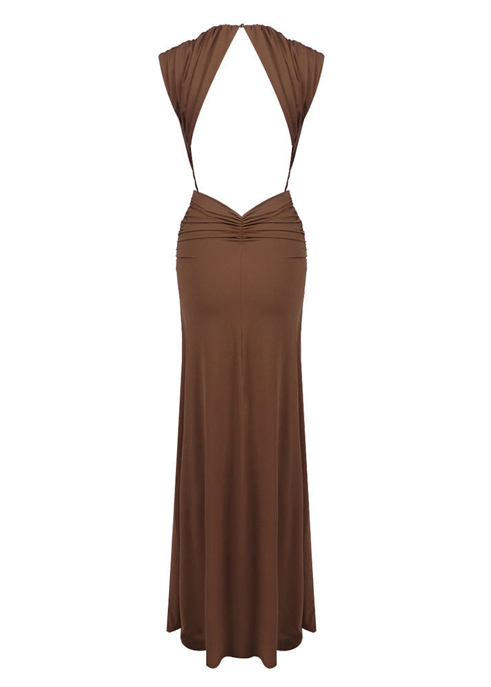 Velythar Gathered Sleeveless Deep V Maxi Dress