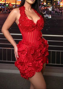 Pryssa Halter Crystal Floral Mini Dress In Red