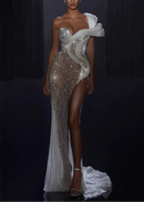 Faroald One Shoulder Crystal Bustier Sequin Maxi Dress In White Nude