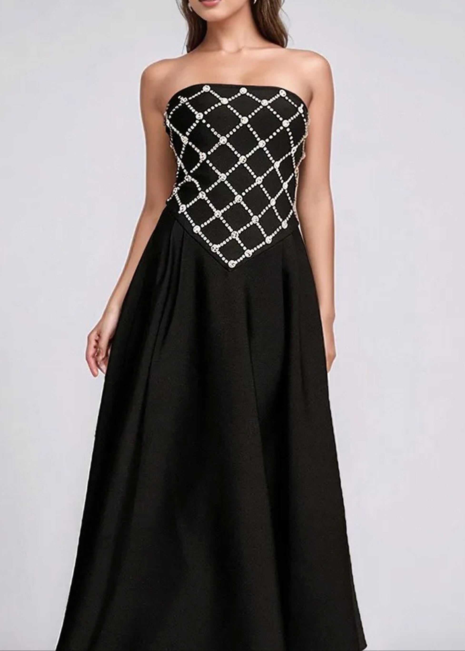 Brynthos Strapless Crystal Design A Line Maxi Dress In Black