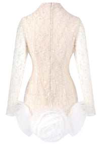 Perssis Long Sleeve Crystal Floral Detail Mini Dress In White