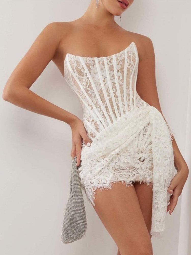 Faruq Strapless Corset Draped Lace Mini Dress In White
