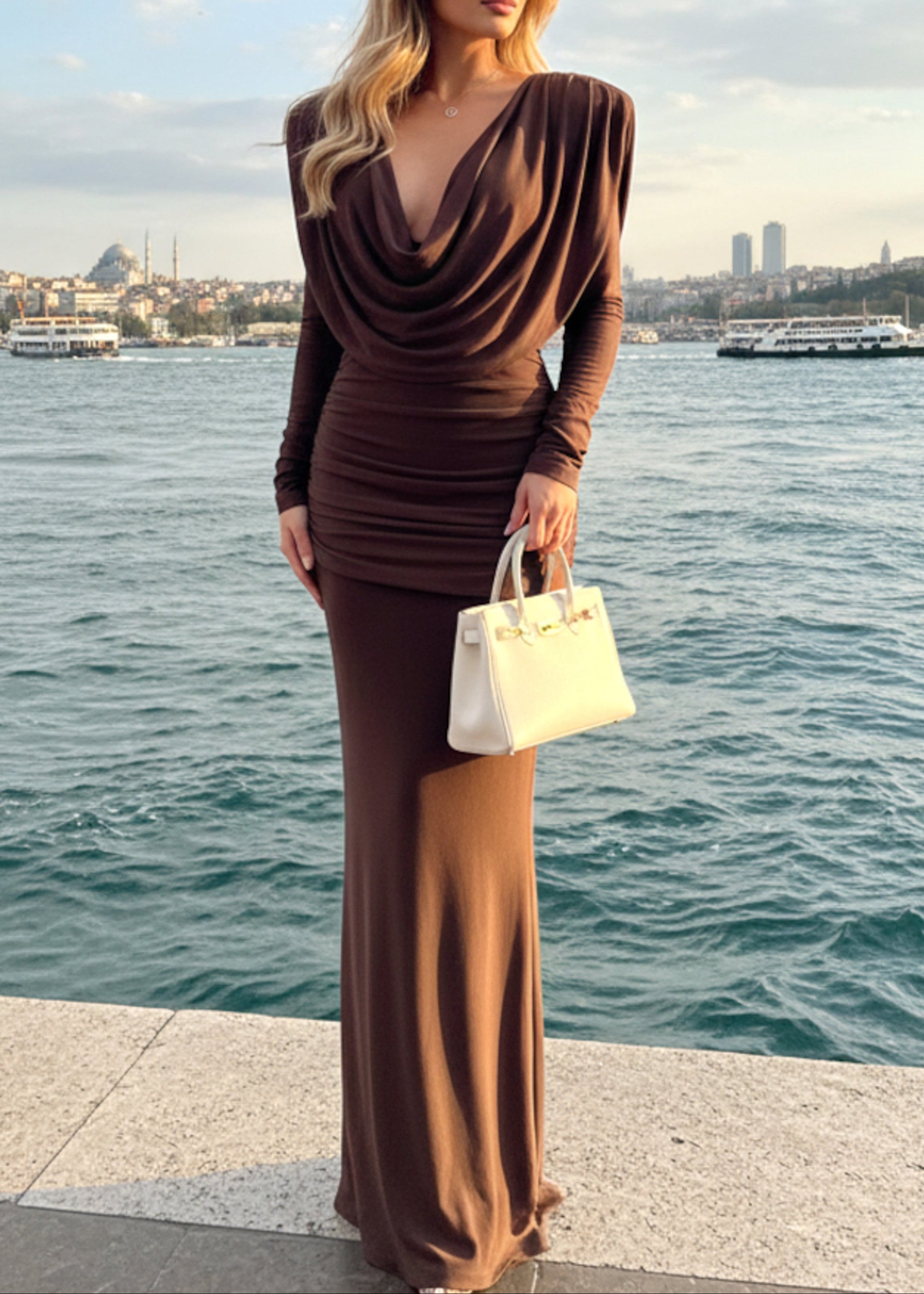 Sagebrush Long Sleeve Draped Backless Maxi Dress In Brown