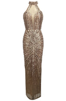 Ogima Halter Crystal Sequin Maxi Dress In Gold