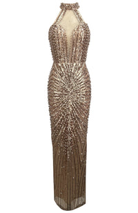 Ogima Halter Crystal Sequin Maxi Dress In Gold
