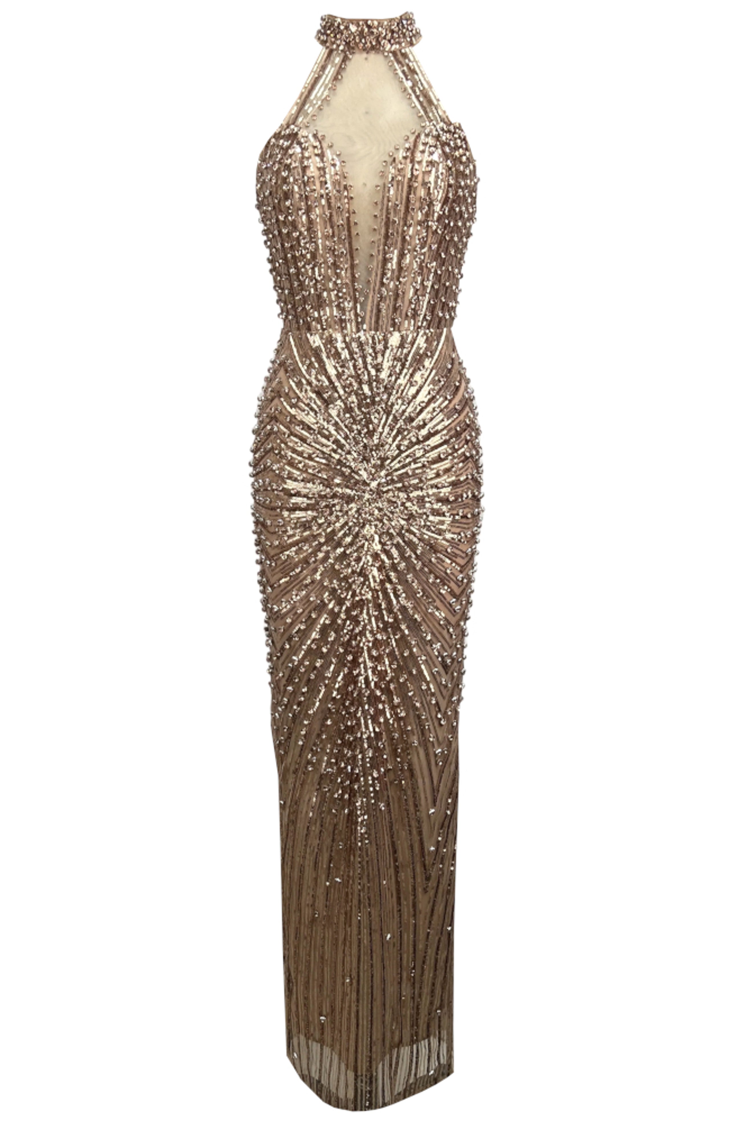 Ogima Halter Crystal Sequin Maxi Dress In Gold