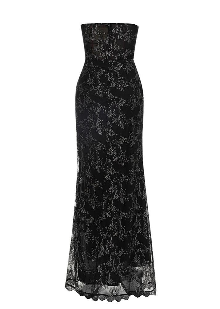 Breslin Mesh Patchwork Strapless Maxi Dress In Black