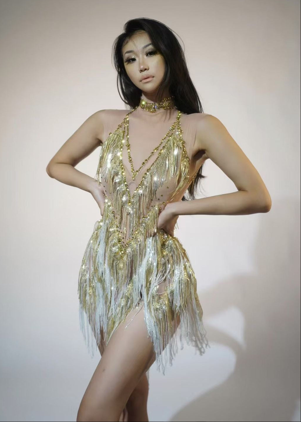 Jelliton Rhinestone Fringe Mesh Mini Bodysuit In Gold