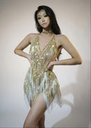 Jelliton Rhinestone Fringe Mesh Mini Bodysuit In Gold