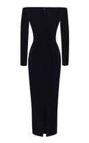 Ebony Off Shoulders Flowers Velvet Maxi Dress In Black