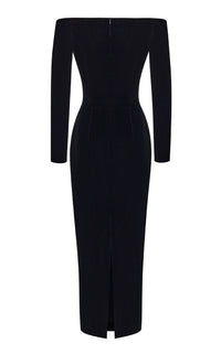 Ebony Off Shoulders Flowers Velvet Maxi Dress In Black