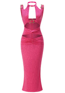 Olythar Halter Crystal Ruched Maxi Dress In Hot Pink