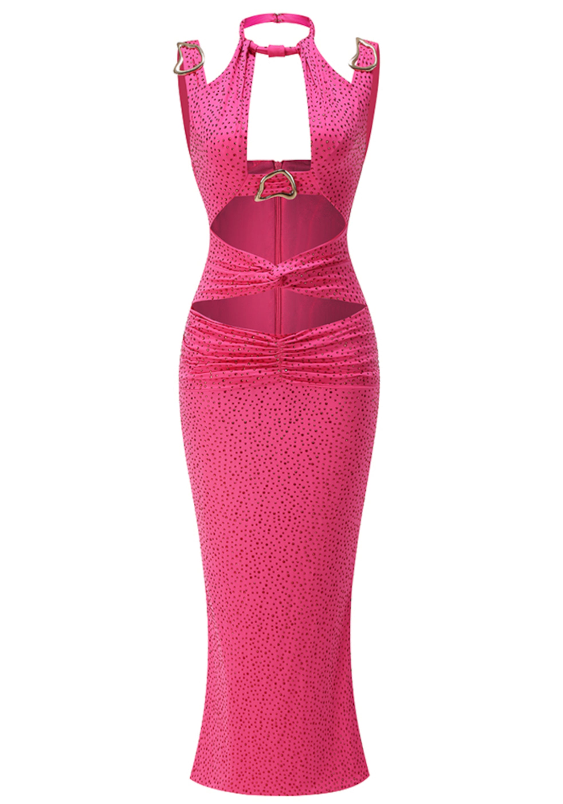 Olythar Halter Crystal Ruched Maxi Dress In Hot Pink