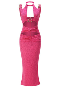 Olythar Halter Crystal Ruched Maxi Dress In Hot Pink
