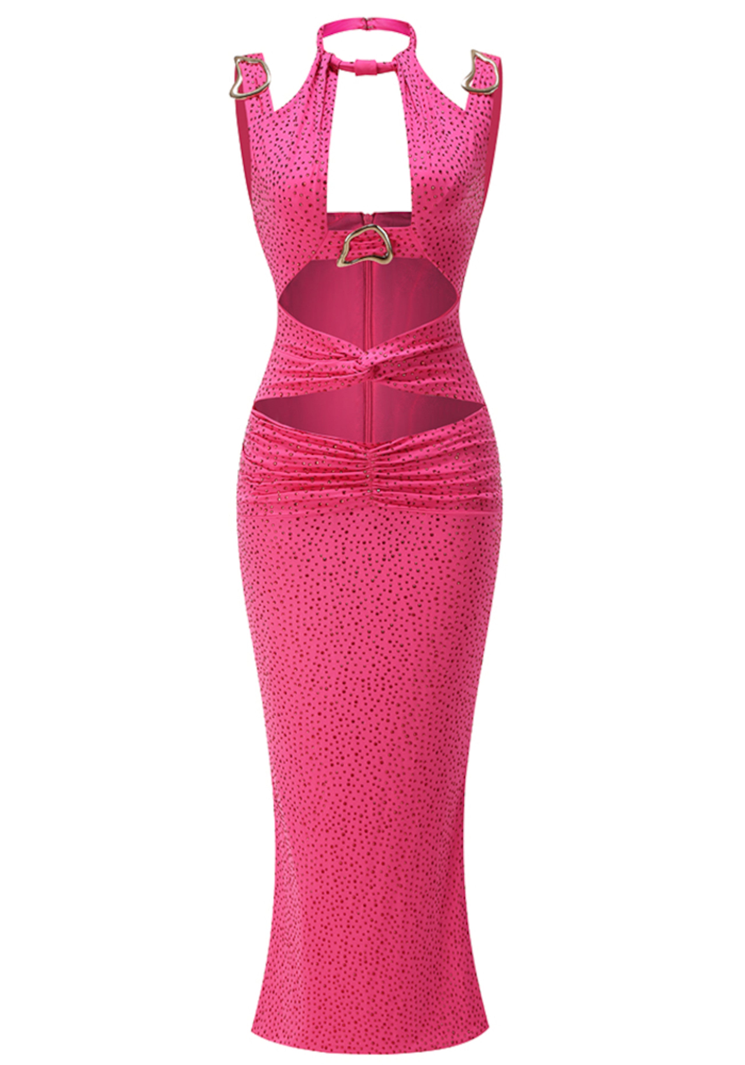 Olythar Halter Crystal Ruched Maxi Dress In Hot Pink