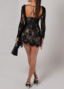Roshon Long Sleeve Lace Corset Draped Mini Dress In Black